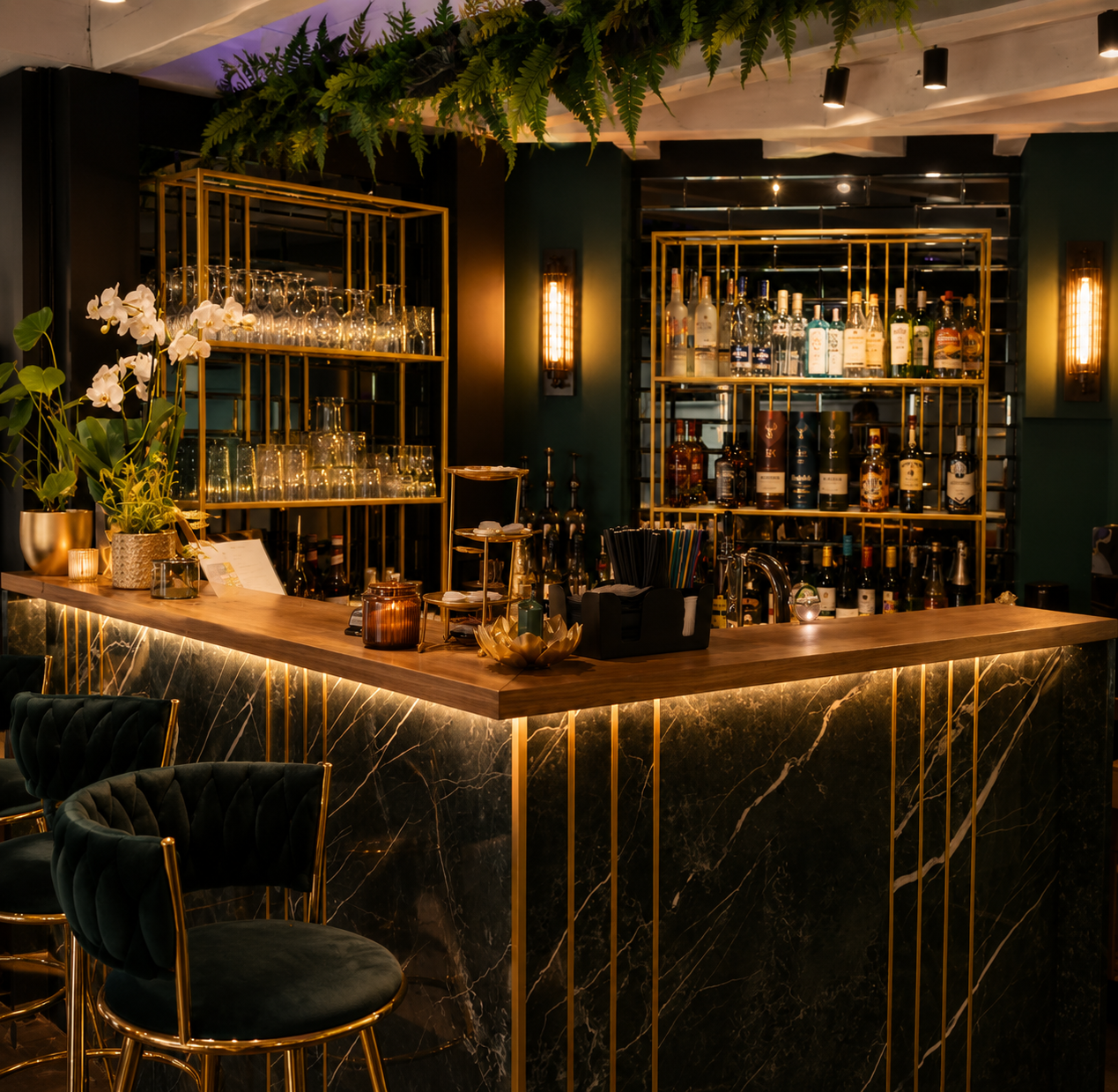 Hotel bar with golden detailing